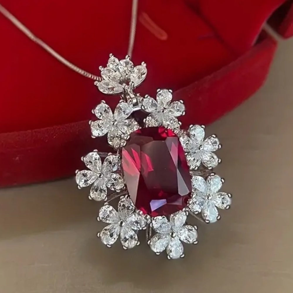 Diamond & Ruby Silver Toned Necklace